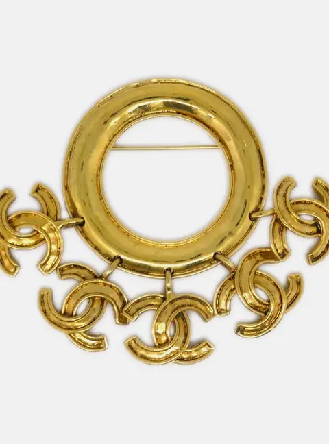 Chanel Vintage 1994 94P Gold Plated Multi CC Dangle Round Hoop Women's Costume Brooch