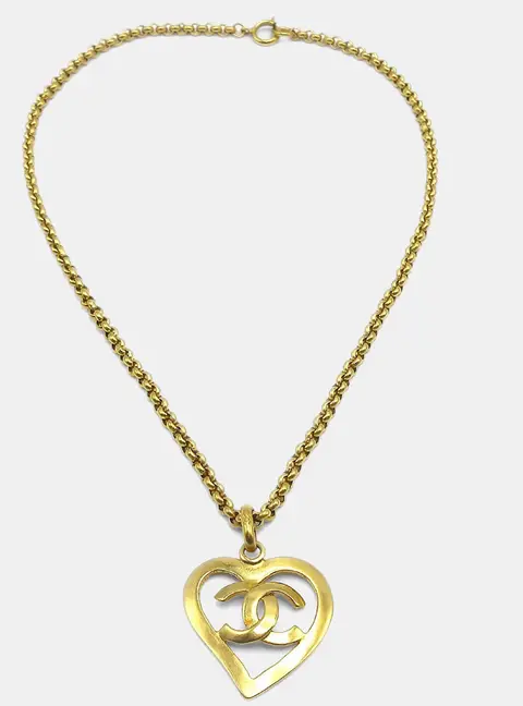 Chanel Heart Chain Pendant Necklace Gold 95P