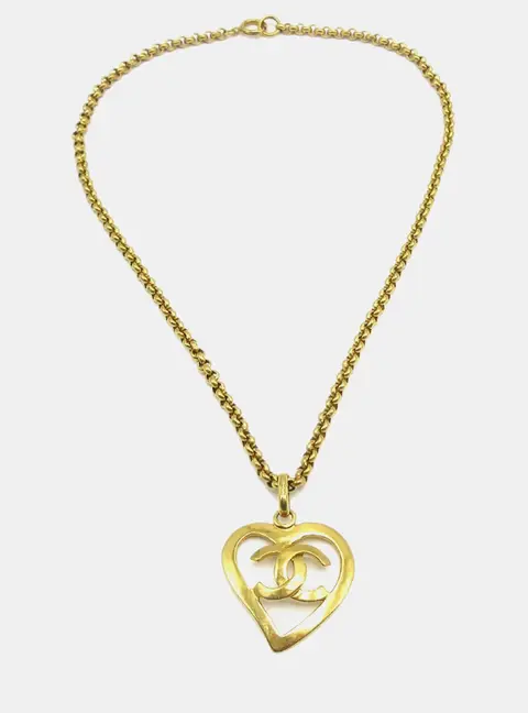 Chanel 1995 Spring Collection CC Cutout Heart Gold Plated Women's Pendant Necklace