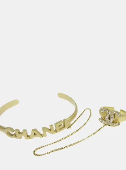 Chanel Cruise 2001 01C Rhinestone Gold Plated Metal Women's Ring Bangle Set