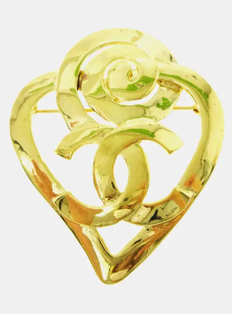 Chanel Vintage 95P Spiral Heart CC Logo Gold Plated Women's Brooch