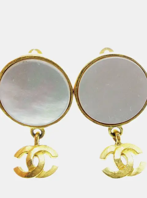 Chanel Vintage 95A Mother of Pearl Gold Plated CC Drop Women's Earrings