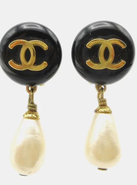 Chanel Vintage CC Black Resin Artificial Pearl Gold Plated Clip -On Drop Earrings Women Accessories