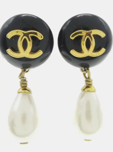 Chanel Vintage CC Round Black Resin Artificial Pearl Drop Clip -On Women's Earrings