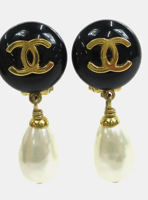 Chanel Vintage Resin Faux Pearl CC Drop Clip -On Earrings Black Gold Tone Women's Accessories