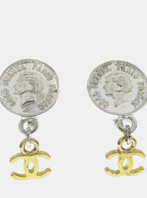 Chanel Vintage 1997 Spring CC Medallion Gold Silver Plated Women's Clip -On Earrings