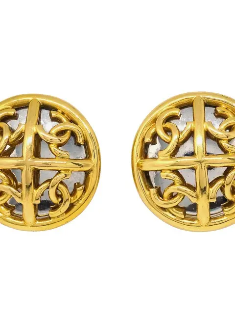 Chanel Vintage 93P Round Openwork Cross CC Mirror Gold Plated Women's Costume Clip -On Earrings
