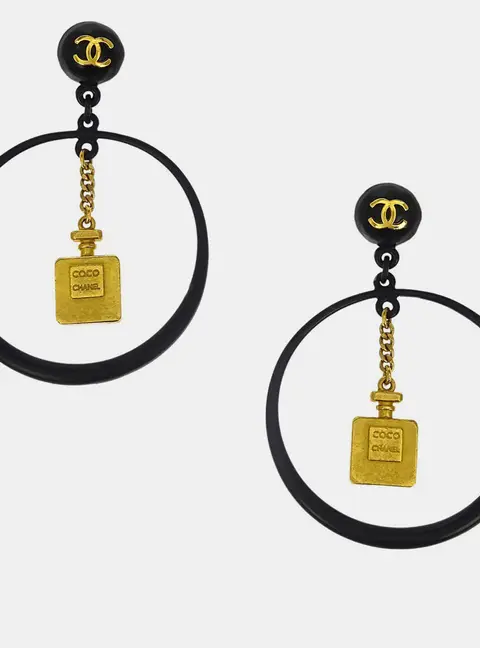 Chanel Gold Black Hoop Dangle Perfume Bottle Earrings Clip-On