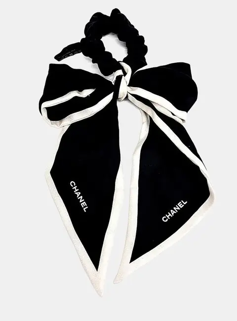 Chanel Black/White Scrunchie Hair Tie With Silk Bow