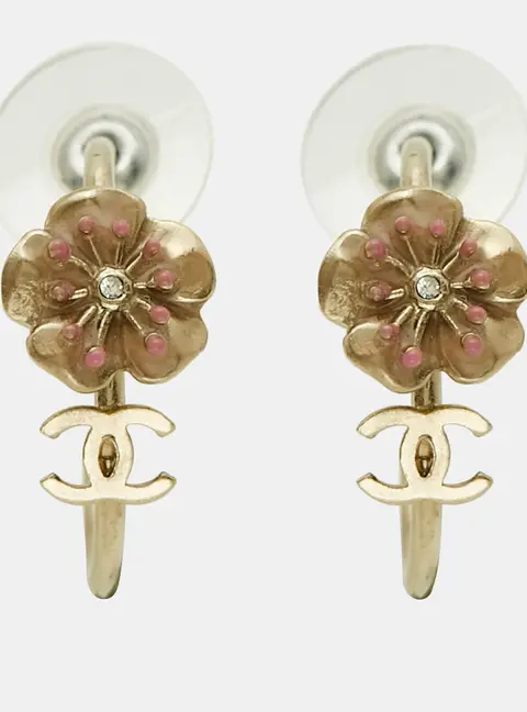 Chanel CC Floral Enamel Crystals Gold Tone Earrings