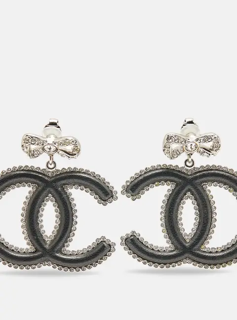 Chanel CC Black Leather Crystals Silver Tone Dangle Earrings