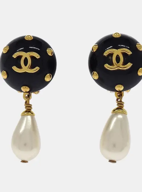 Chanel Artificial Pearl Dangle Earrings Clip-On Black White