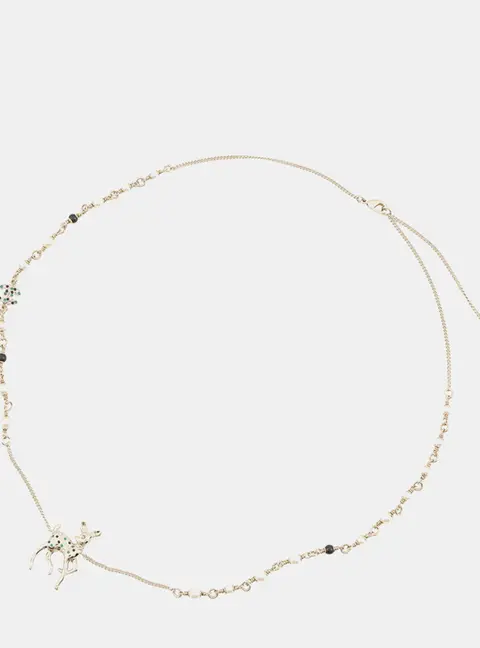 Chanel Cc Logo Bambi Motif Long Necklace Gold Plated Rhinestone Faux Pearl