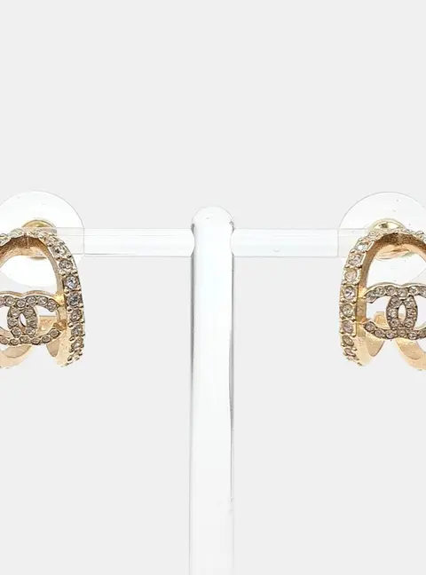 Chanel Crystal Strass CC Double Hoop Gold Tone Earrings