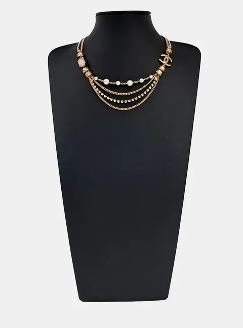 Chanel Gold Pearl Embellished Stone Layered Necklace