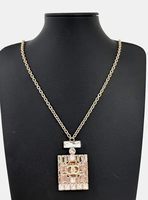 Chanel Perfume Bottle Gold  Rhinestone Crystal Chain Necklace