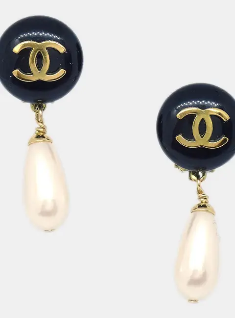 Chanel Gold Artificial Pearl Dangle Clip-On Earrings