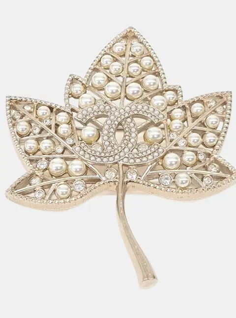 Chanel CC Logo Gold Metal Crystals, Pearls Leaf Brooch