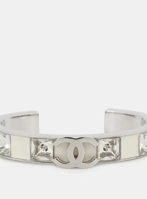 Chanel Cc Logo Bracelet Size S White/Silver Metal Strass