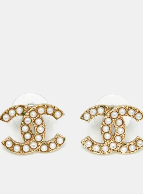 Chanel CC Faux Pearl Gold Tone Stud Earrings