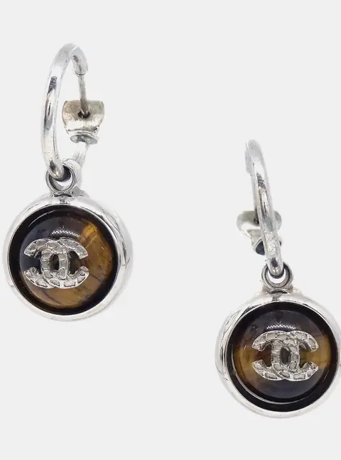 Chanel Vintage 00A Tiger Eye Coco Mark Silver Tone Dangle Hoop Earrings