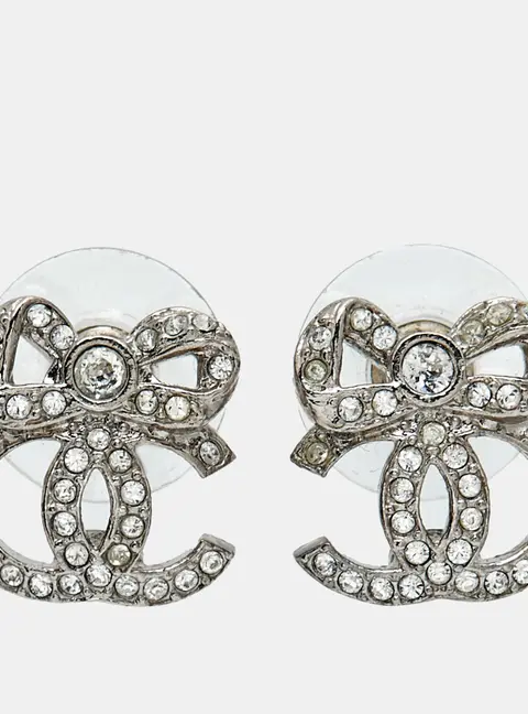 Chanel Bow Tie CC Crystals Silver Tone  Earrings