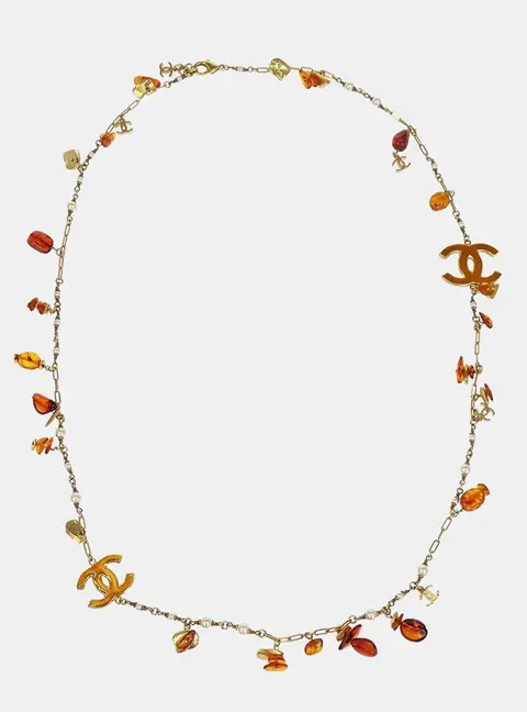 Chanel Cruise 2011 St Tropez B11C Amber Resin Faux Pearl Gold Plated Metal CC Long Sautoir Necklace