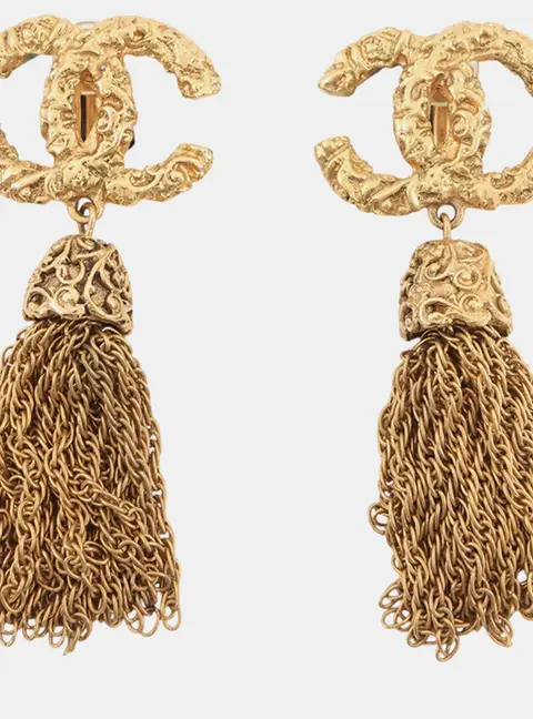 Chanel Fringe Cc Logo Earring Gold Gold Plated