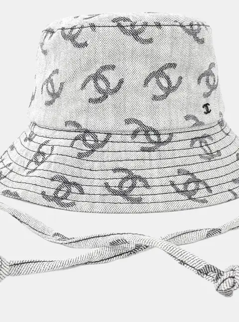 Chanel Logo Denim Grey, White Bucket Hat