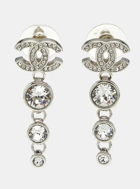 Chanel CC Logo Strass Graduated Crystal Silver Tone Drop Earrings