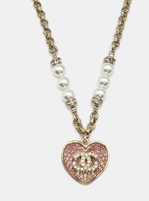 Chanel CC Enamel Crystal Faux Pearl Gold Tone Chain Heart Necklace