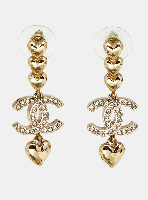 Chanel CC Heart Crystals Gold Tone Earrings