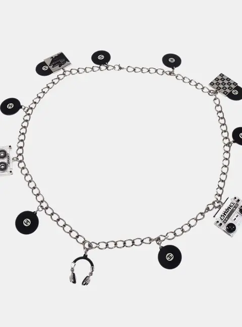 Chanel Record Cassette Tape 04P Silver Plated Acrylic Rhinestone Chain Belt
