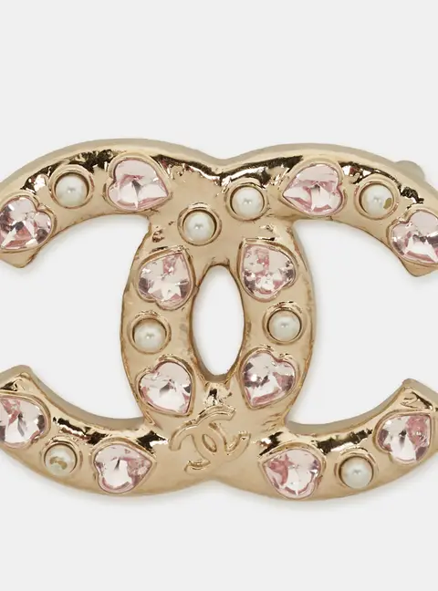 Chanel CC Crystals Faux Pearl Gold Tone Brooch