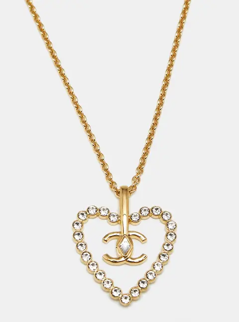 Chanel CC Heart Crystal Gold Tone  Pendant Necklace