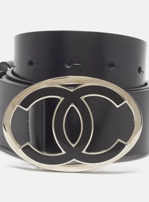 Chanel CC Enamel 90 CM Buckle Belt Black Leather