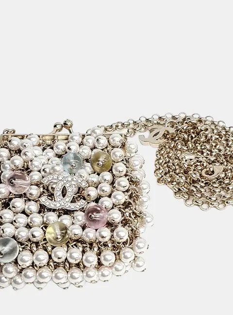 Chanel CC Gold Crystal Pearl Mini Pouch Necklace