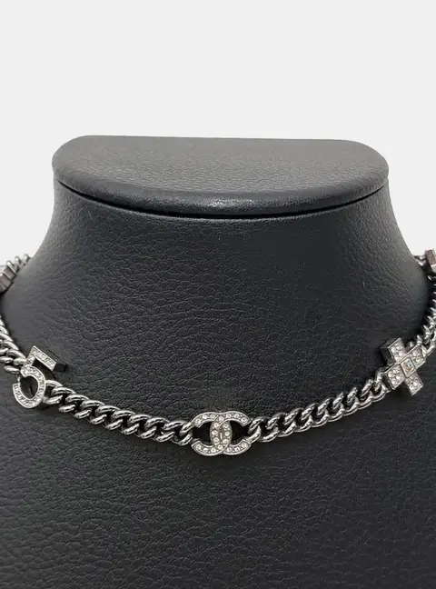 Chanel CC Silver Crystal Chain Necklace