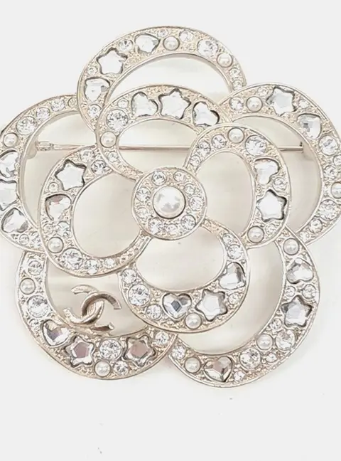 Chanel Camellia Silver Crystals Brooch