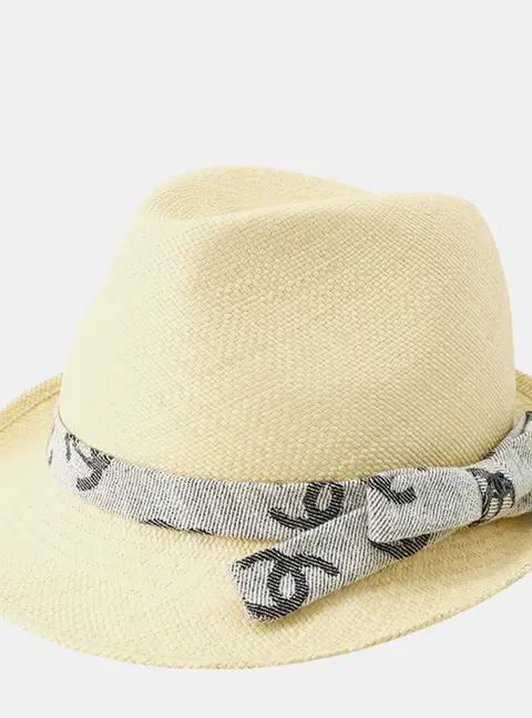 Chanel Cc Logo Ribbon Straw Hat Size M Beige/Gray/Black Straw Cotton