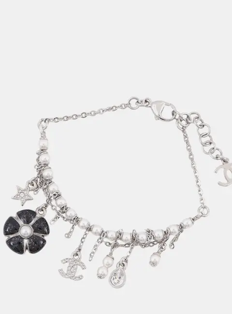 Chanel Bag Charm Bracelet Silver Metal Rhinestone Faux Pearl Resin