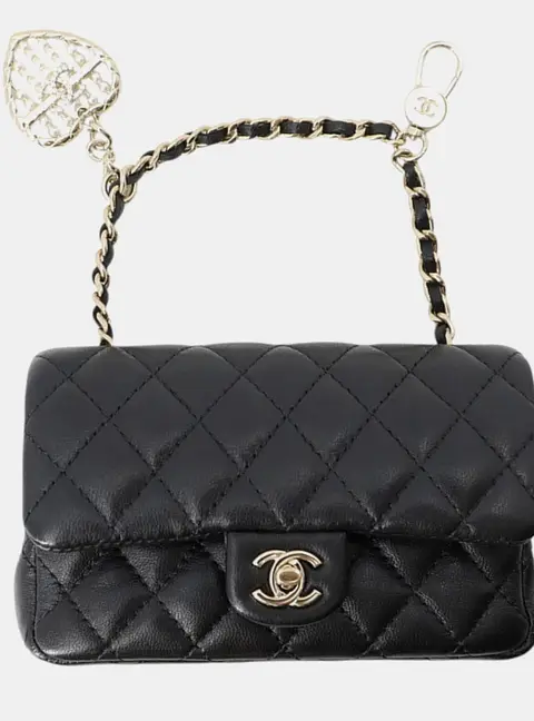 Chanel Matelasse Classic Mini Bag Bag Charm Black Lambskin Faux Pearl Rhinestone