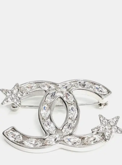 Chanel Silver Tone Logo Brooch