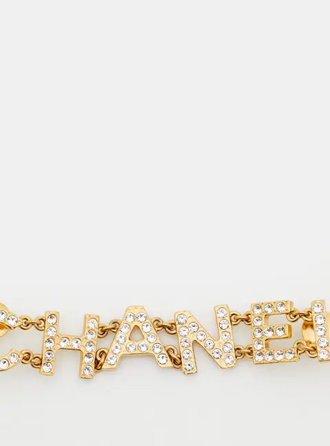 Chanel Letter Logo Crystals Gold Tone Brooch