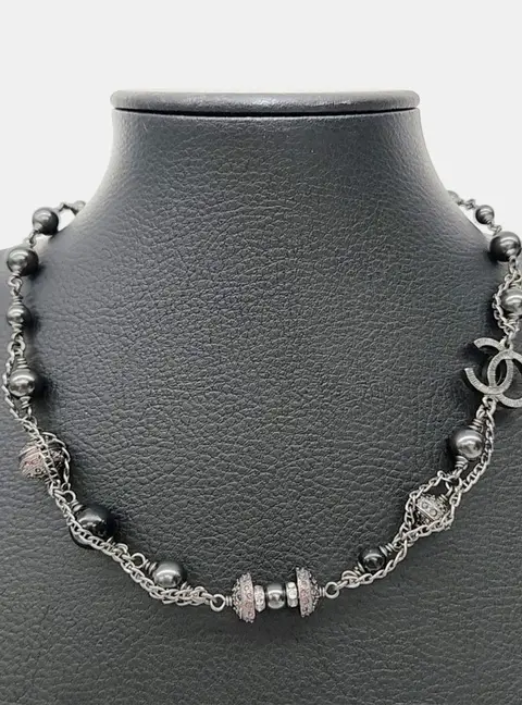 Chanel CC Crystals, Gunmetal, Pearls Necklace