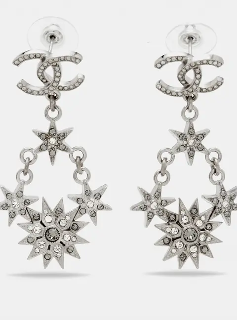 Chanel CC Starburst Chandelier Crystal  Silver Tone Drop Earrings