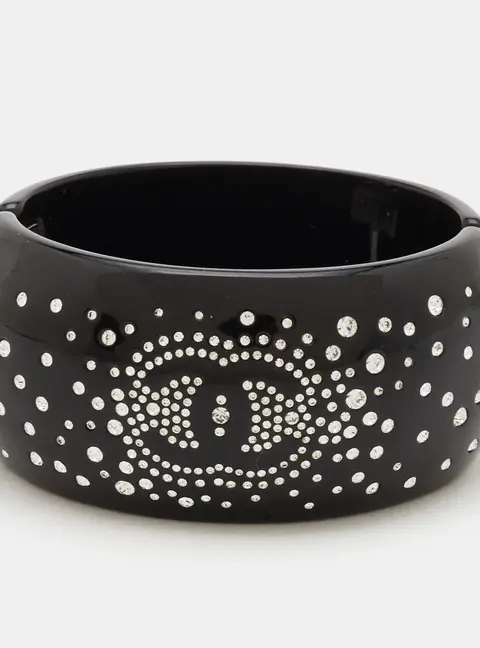 Chanel CC Crystals Silver Tone Hinged Bangle Bracelet