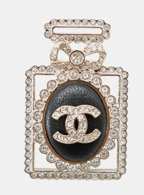 Chanel Perfume Motif Bottle Brooch Black Metal Rhinestone Leather