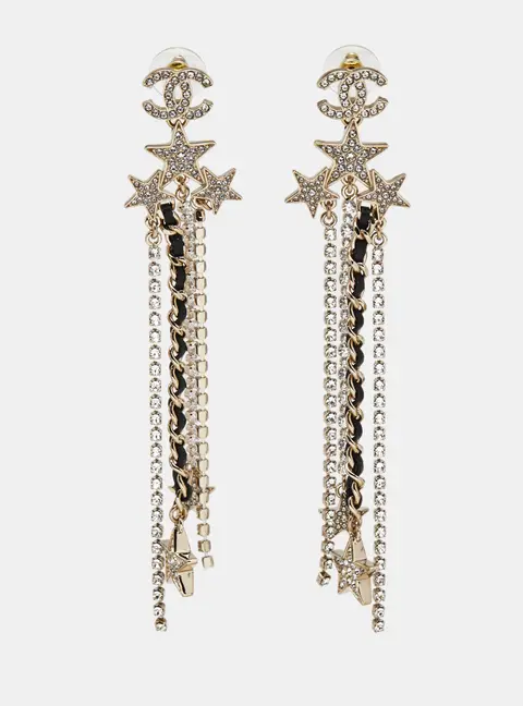 Chanel CC Star Crystals Leather Gold Tone Drop Earrings
