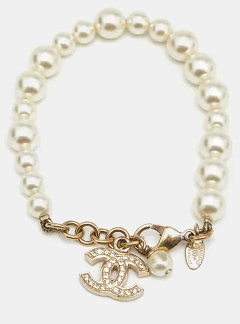 Chanel CC Crystals Faux Pearl Gold Tone Bracelet